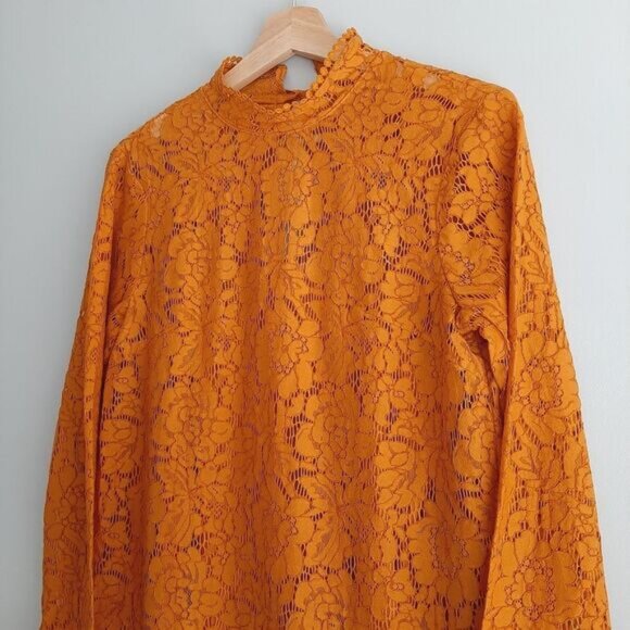 H&M / Floral Lace Pom-Pom Trim Long Sleeve Knee Length Dress Mustard Yellow Sz S - Picture 10 of 16